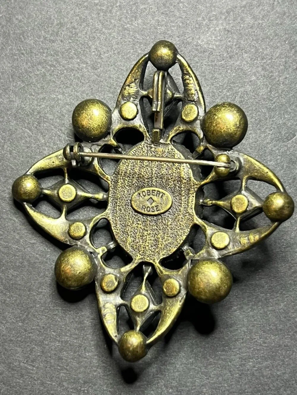 VTG Robert Rose Black Rhinestone Victorian Style Woman Cameo Ornate Brass Brooch